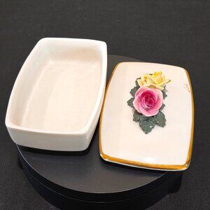 Dresden Blue Crown Vintage Lidded 3D Rose Rectangle Porcelain Trinket Jewel Box